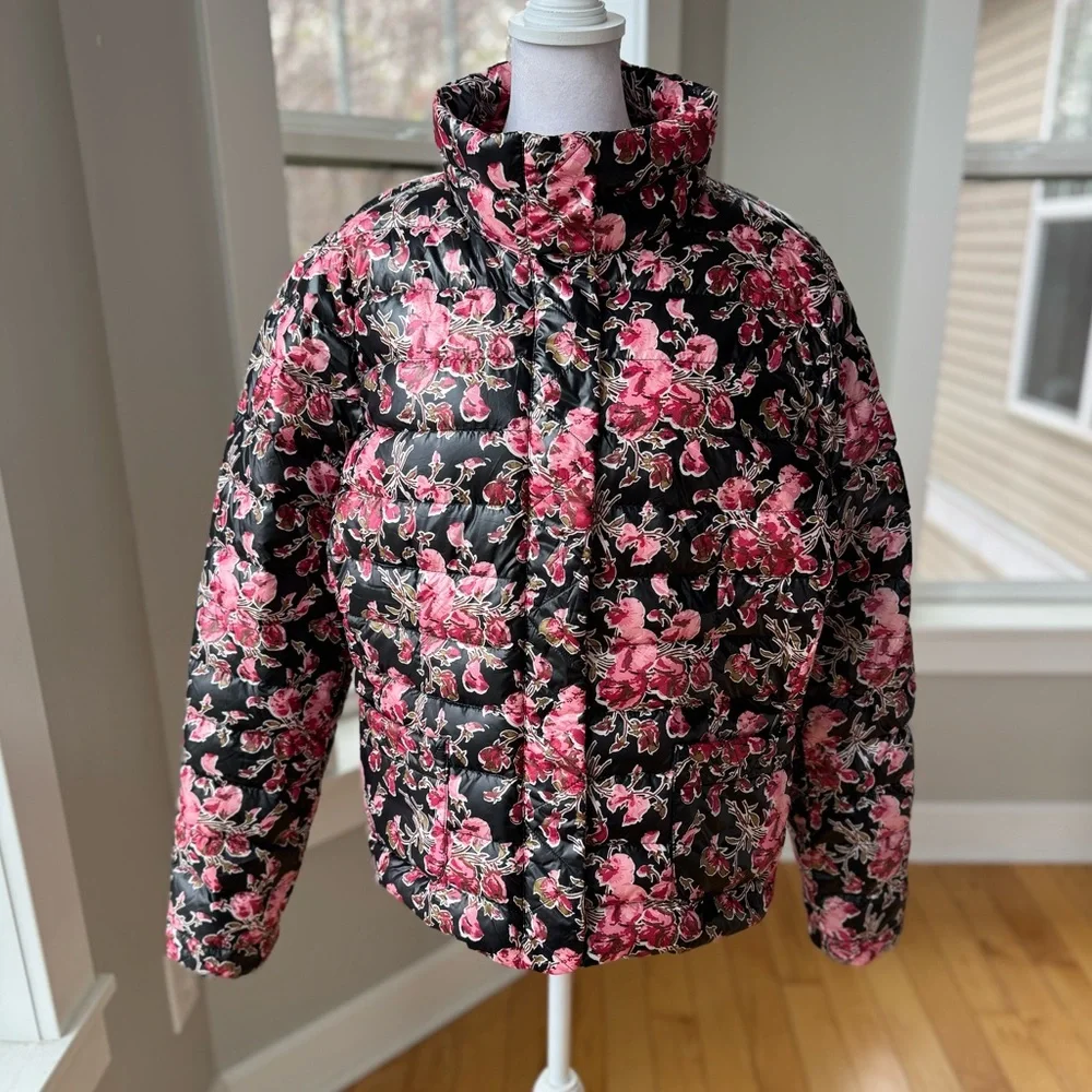 Lands’ End Black Pink Floral Cropped Puffer Jacket Size Girls XL Fits Women S-M